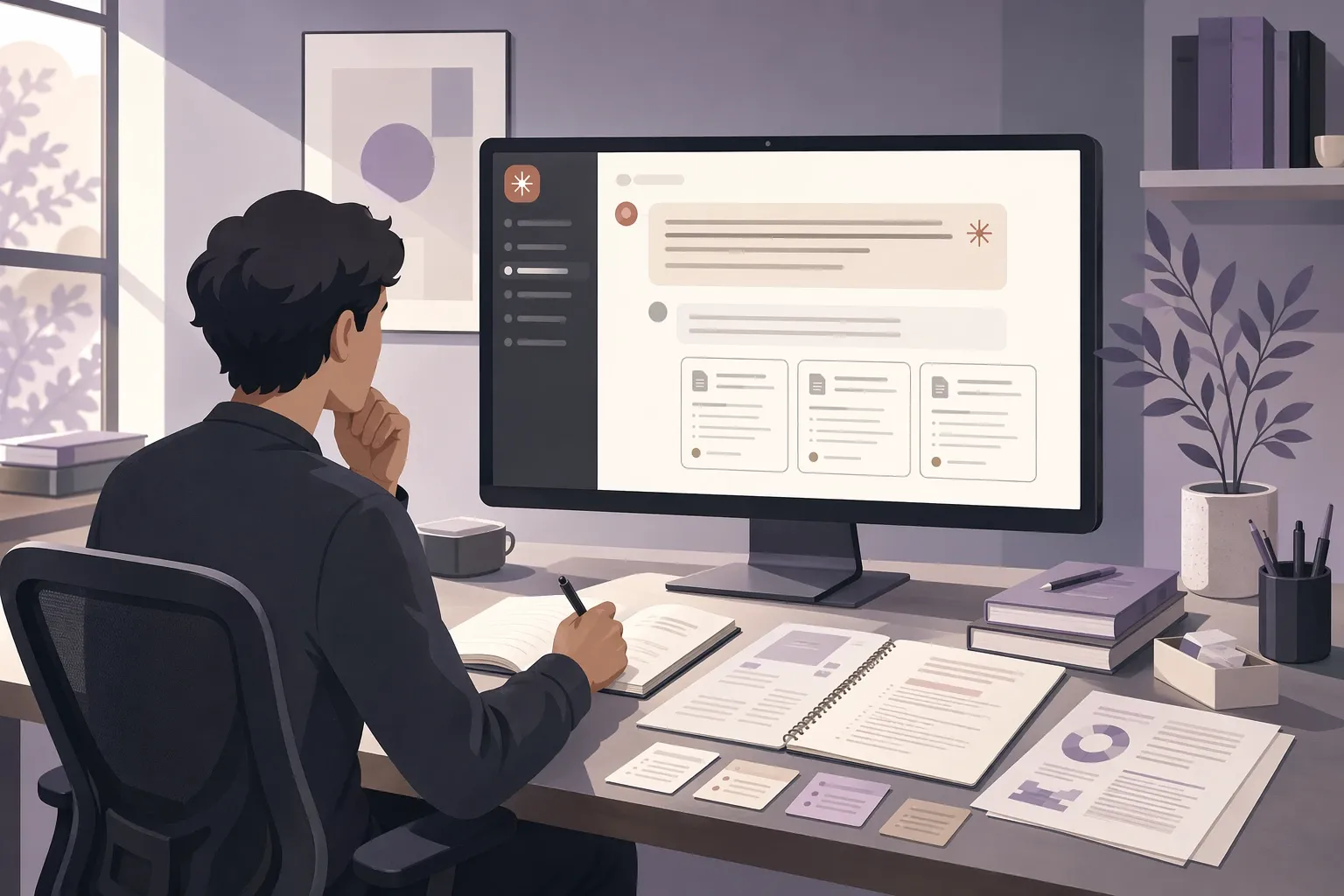 Analyst reviewing a Claude-style interface with source cards on a desktop monitor