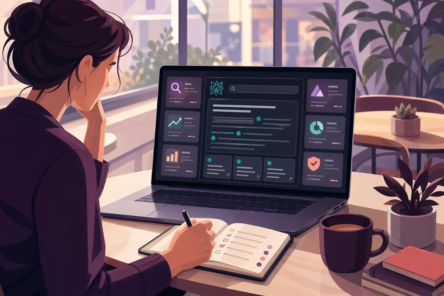 Buyer comparing Perplexity monitoring dashboards at a cafe table