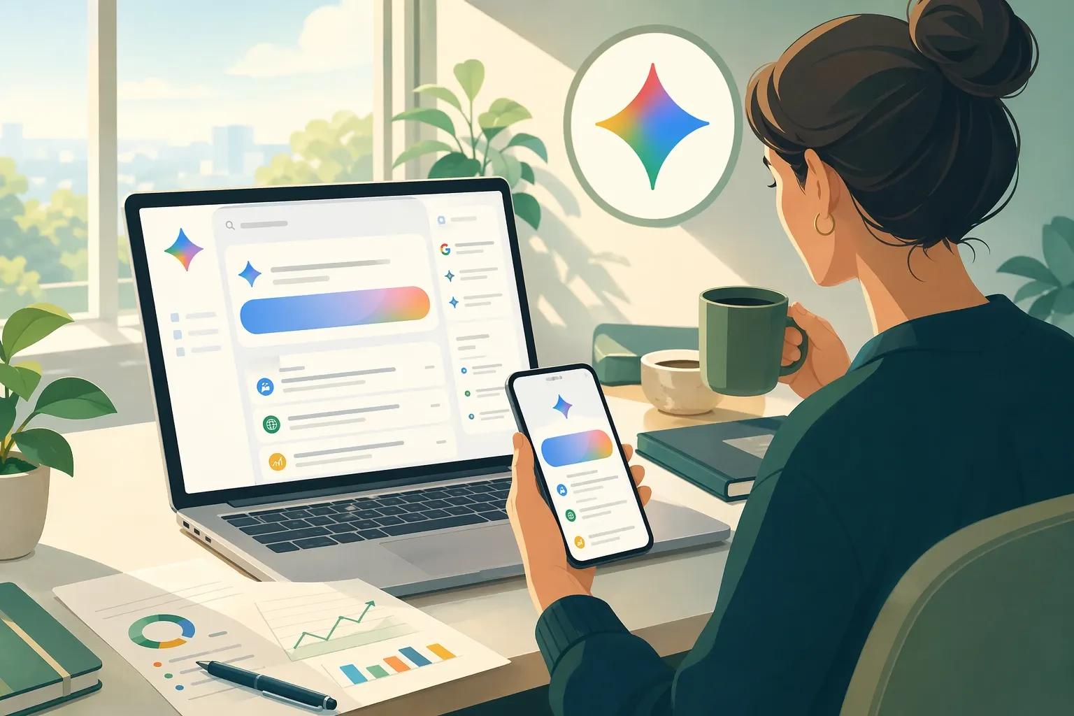 Marketer comparing Gemini-style AI answer views across a laptop and phone
