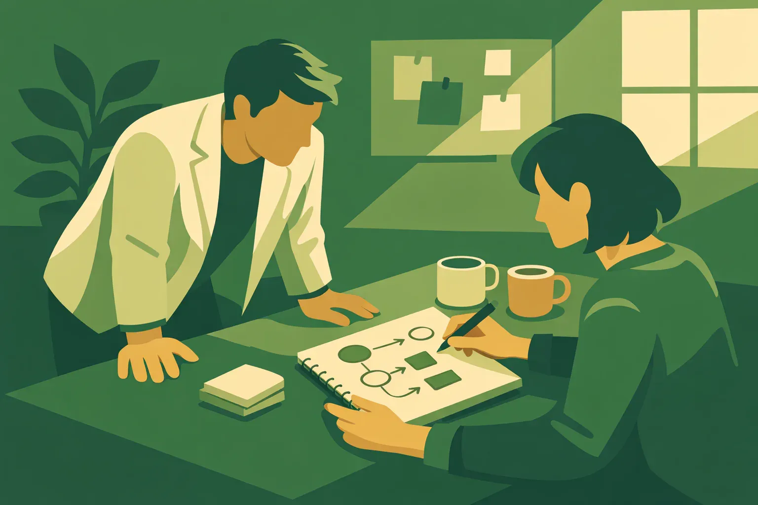 Business owner and strategist sketching a process on a blank notepad at a table