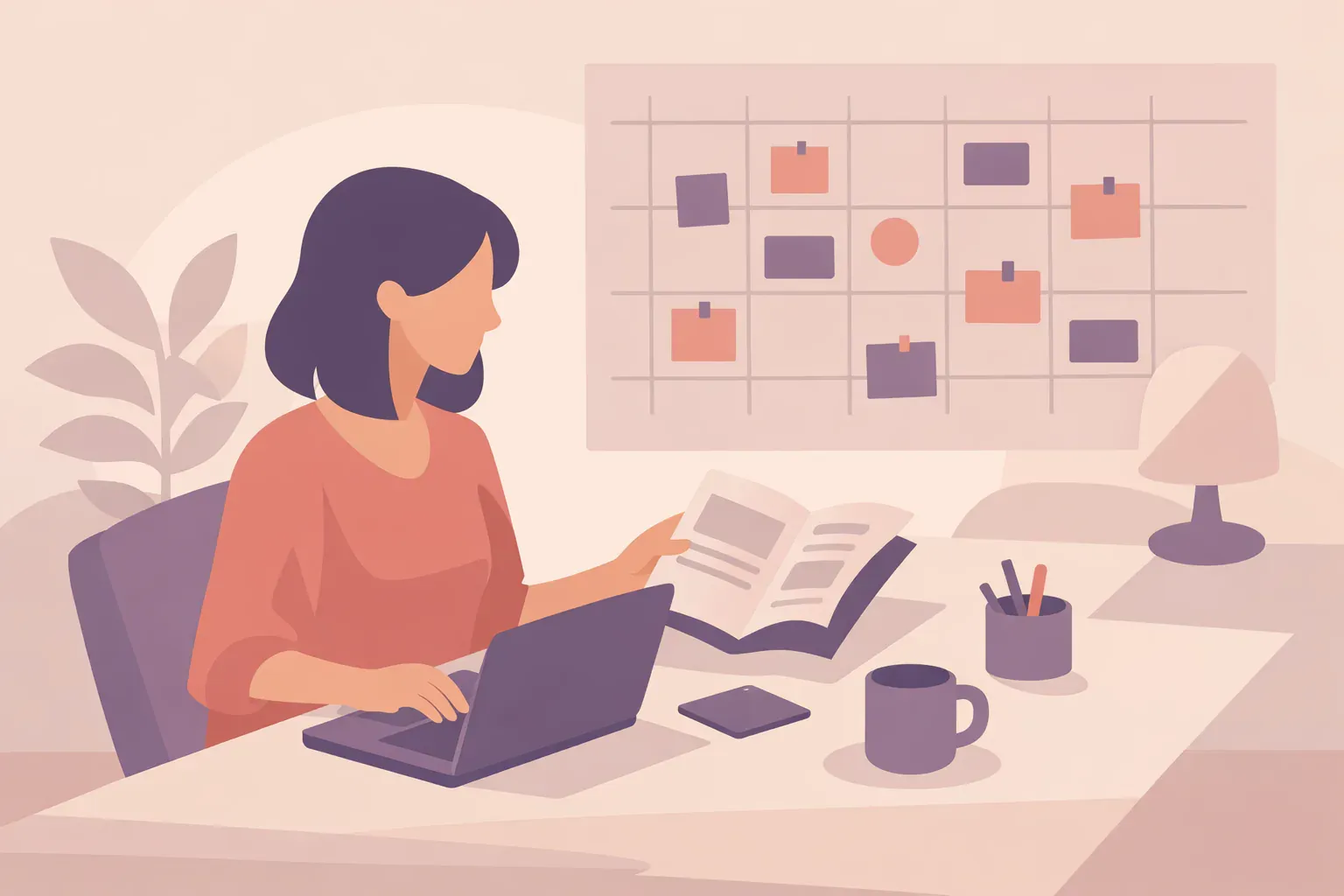 Agency operator moving between a laptop, printed report, and editorial calendar
