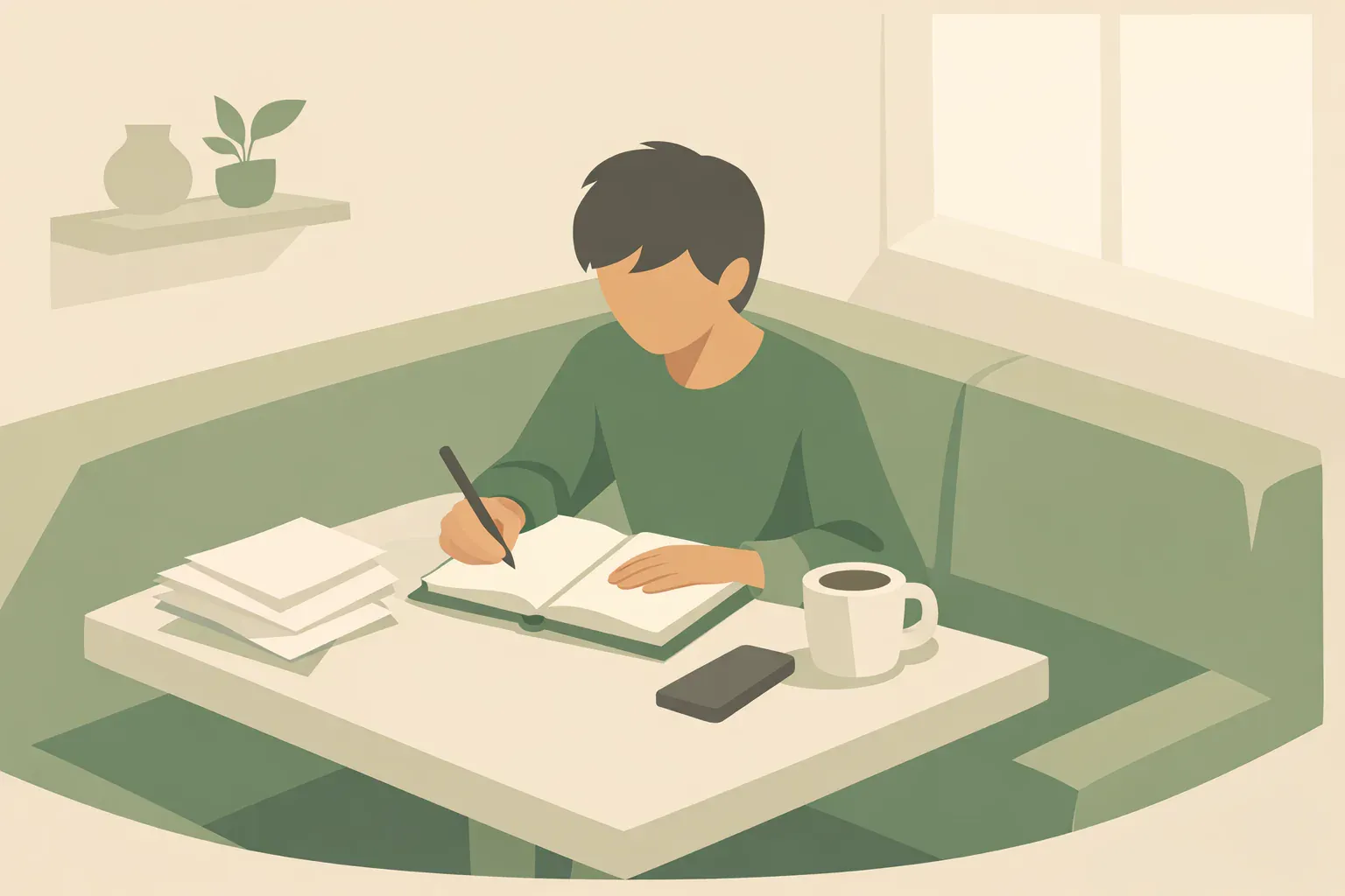 Writer reshaping customer questions into a clean notebook outline at a cafe