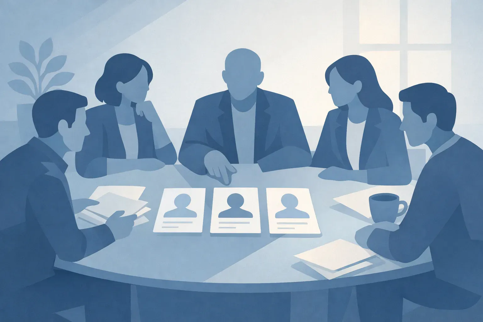 Selection committee narrowing a stack of agency profiles to three options