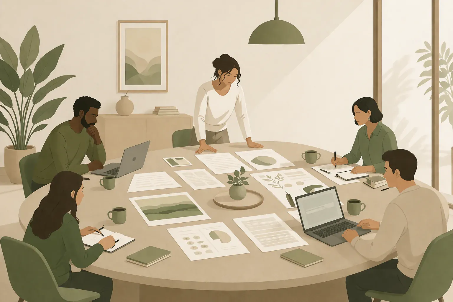 Agency team building a service plan around a large table with laptops and printed pages