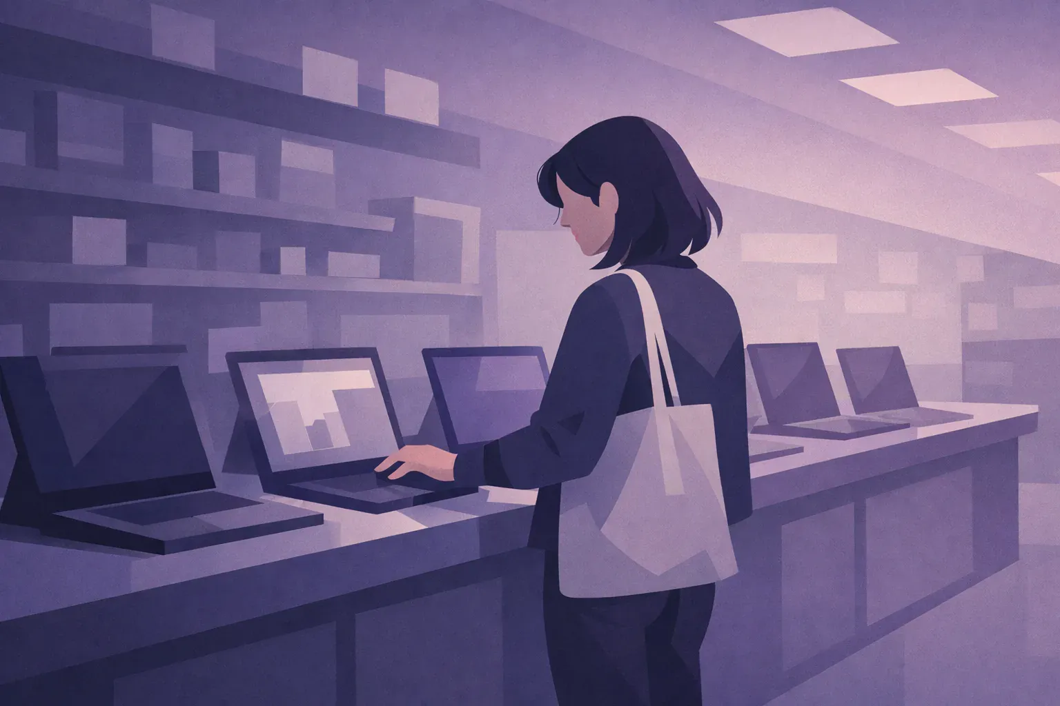 Product lead testing software on display laptops while standing alone in a store aisle