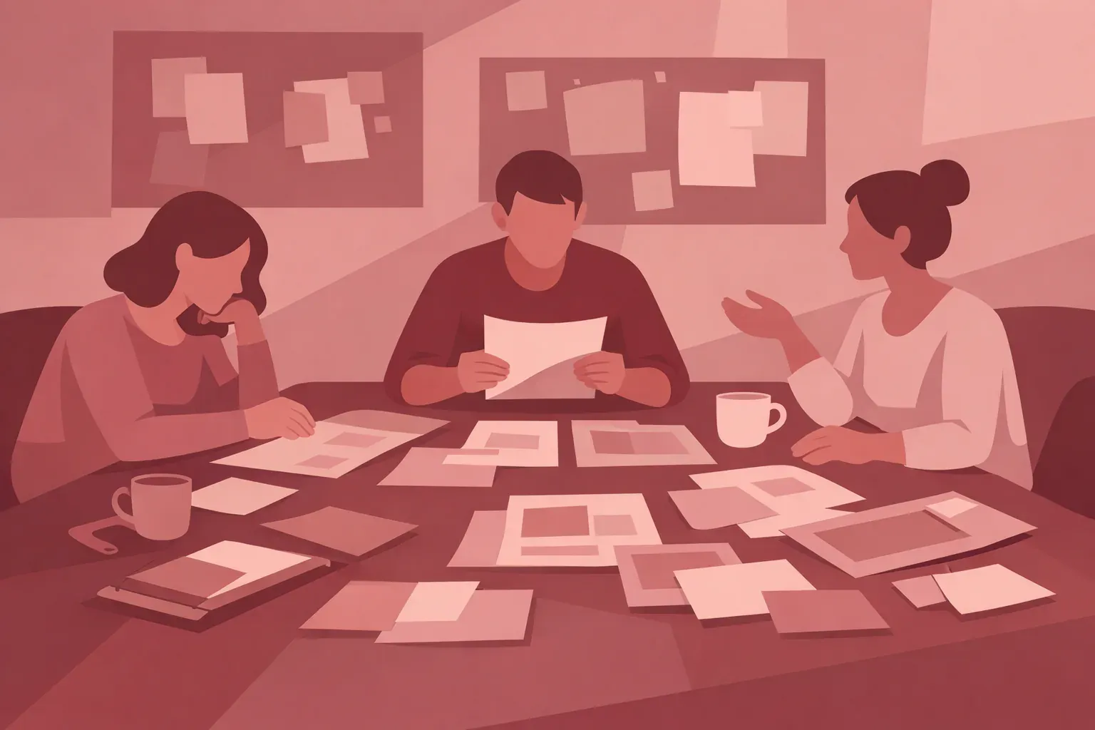 Communications team reviewing press clippings, reviews, and company notes across a long table