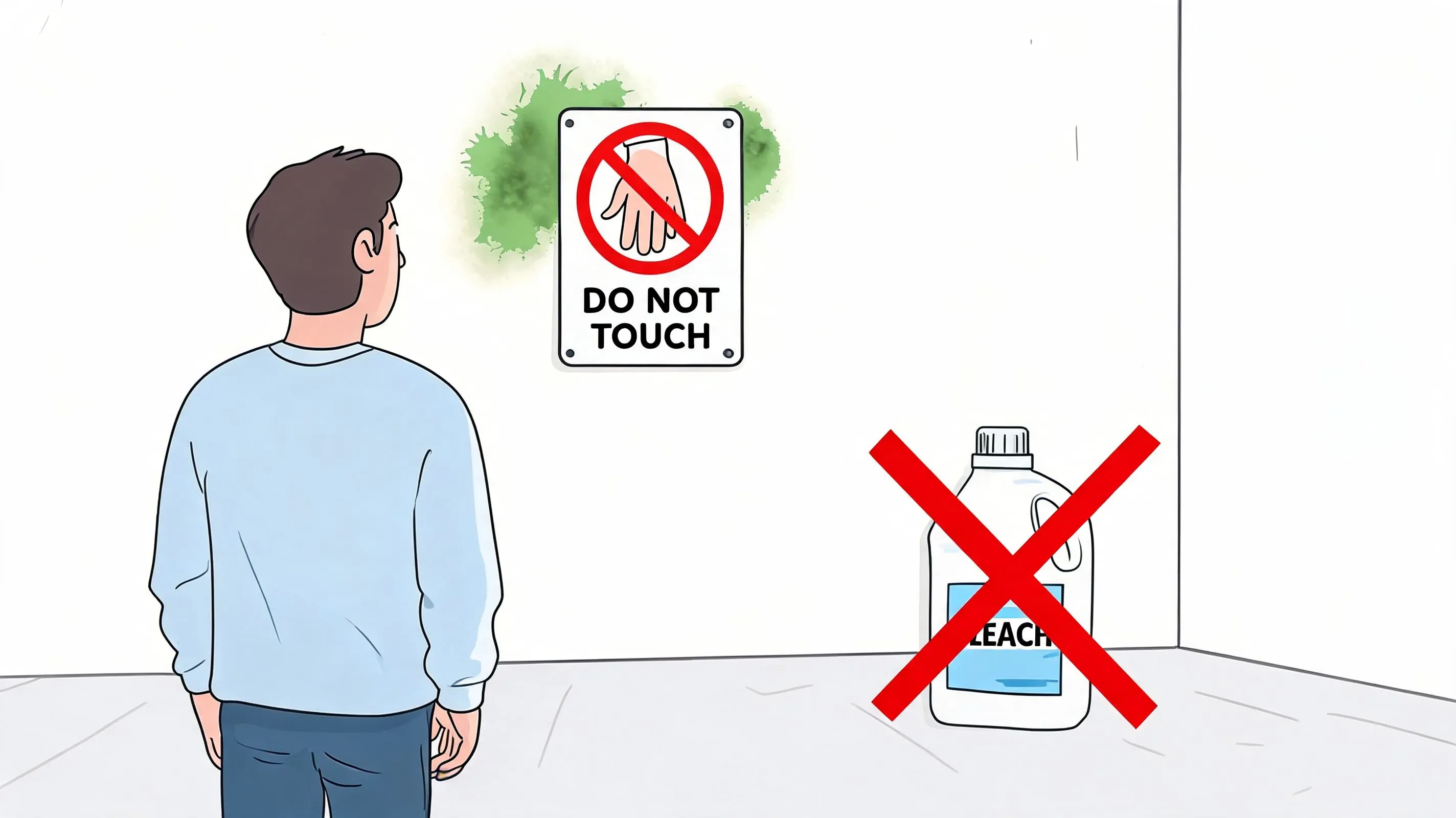 A person looking at a moldy wall with a do not touch sign and a crossed-out bleach bottle.