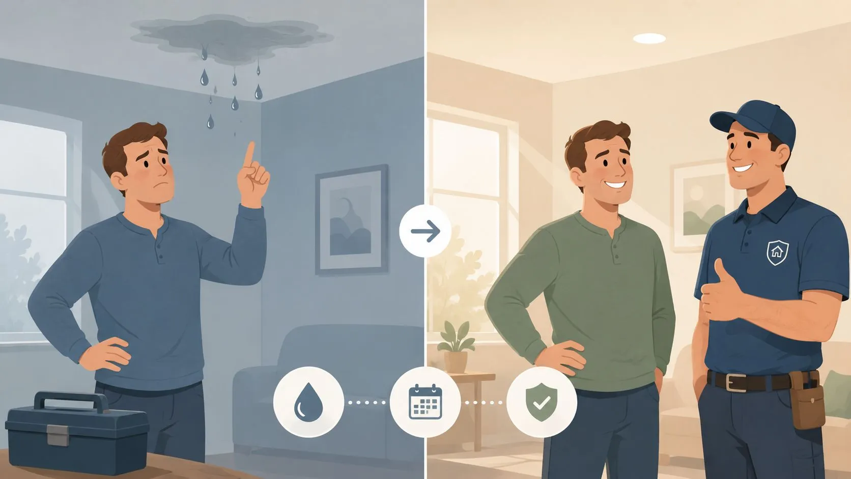 A split image showing a homeowner pointing at a ceiling water leak and then smiling with a repair professional.