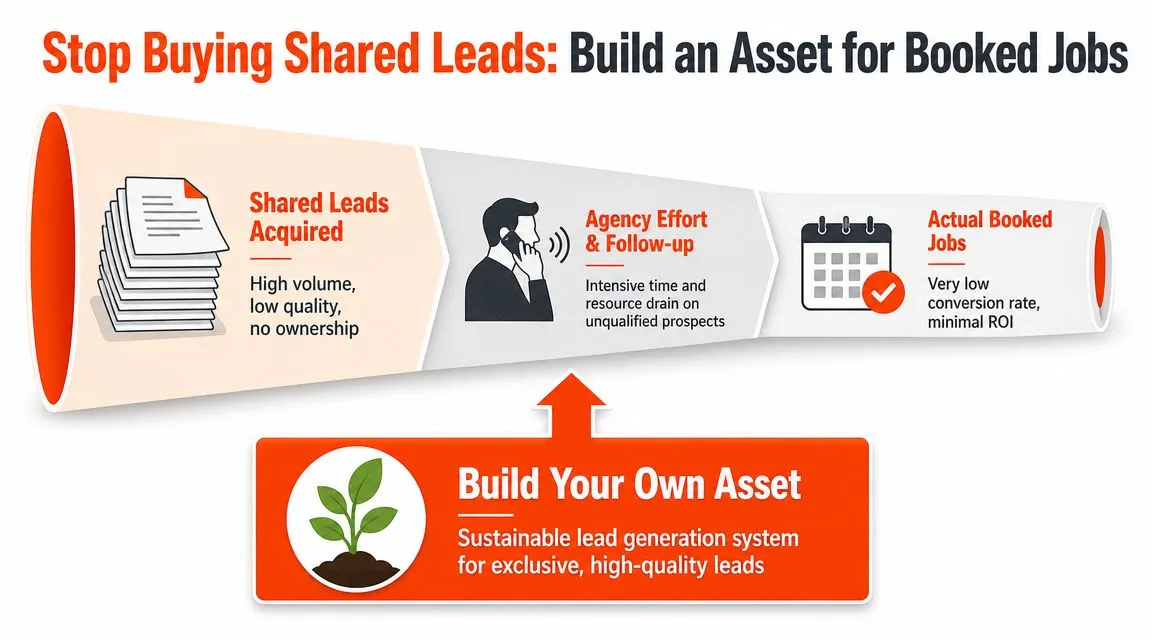 A marketing diagram explaining why companies should build their own assets instead of buying shared leads.