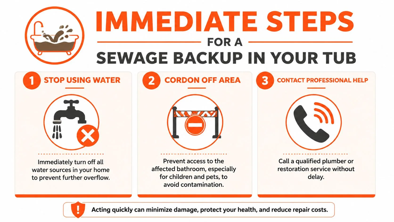 A helpful infographic showing three immediate steps to take when dealing with a sewage backup in your bathtub.