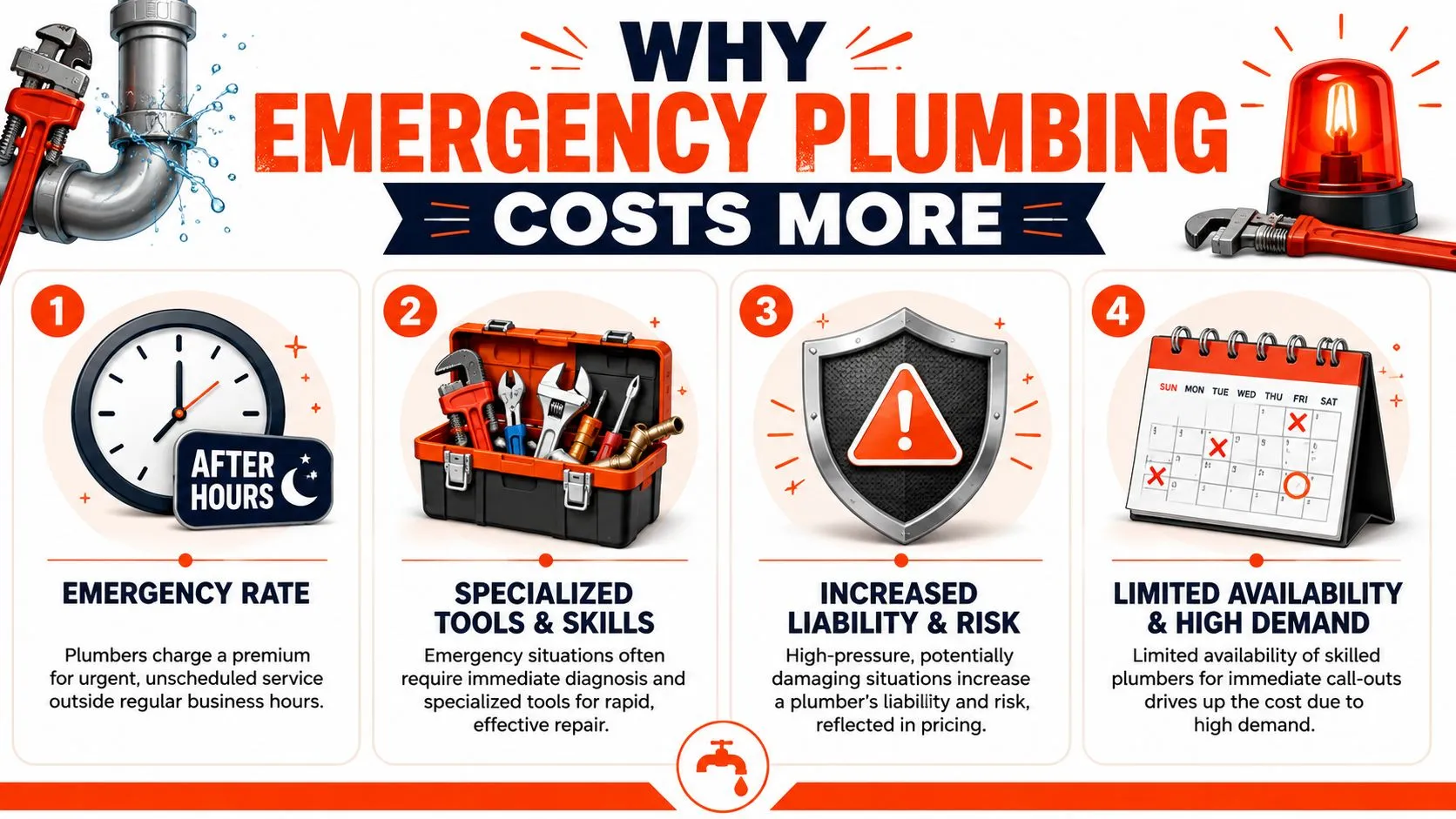 An infographic explaining four key reasons why emergency plumbing services cost more than regular maintenance work.