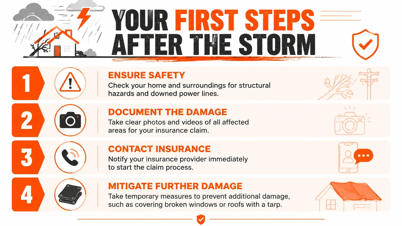 A four step guide infographic titled Your First Steps After The Storm outlining post-disaster recovery procedures.
