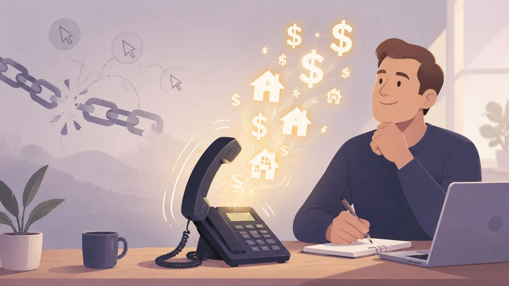 A professional man taking notes while a phone emits glowing house and dollar sign icons representing lead generation.