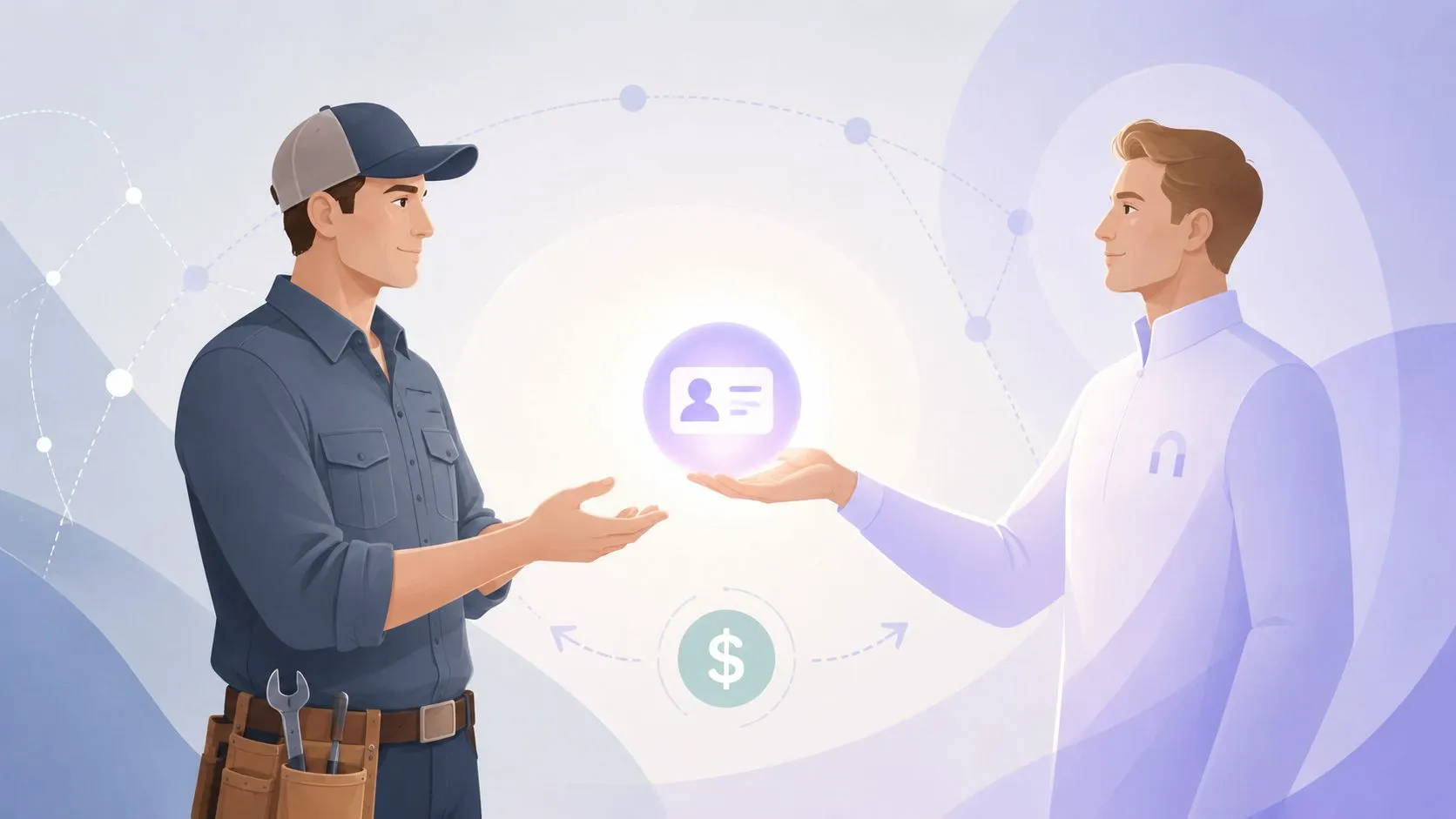 A professional contractor and a business consultant interacting with a digital identity token representing service exchange.