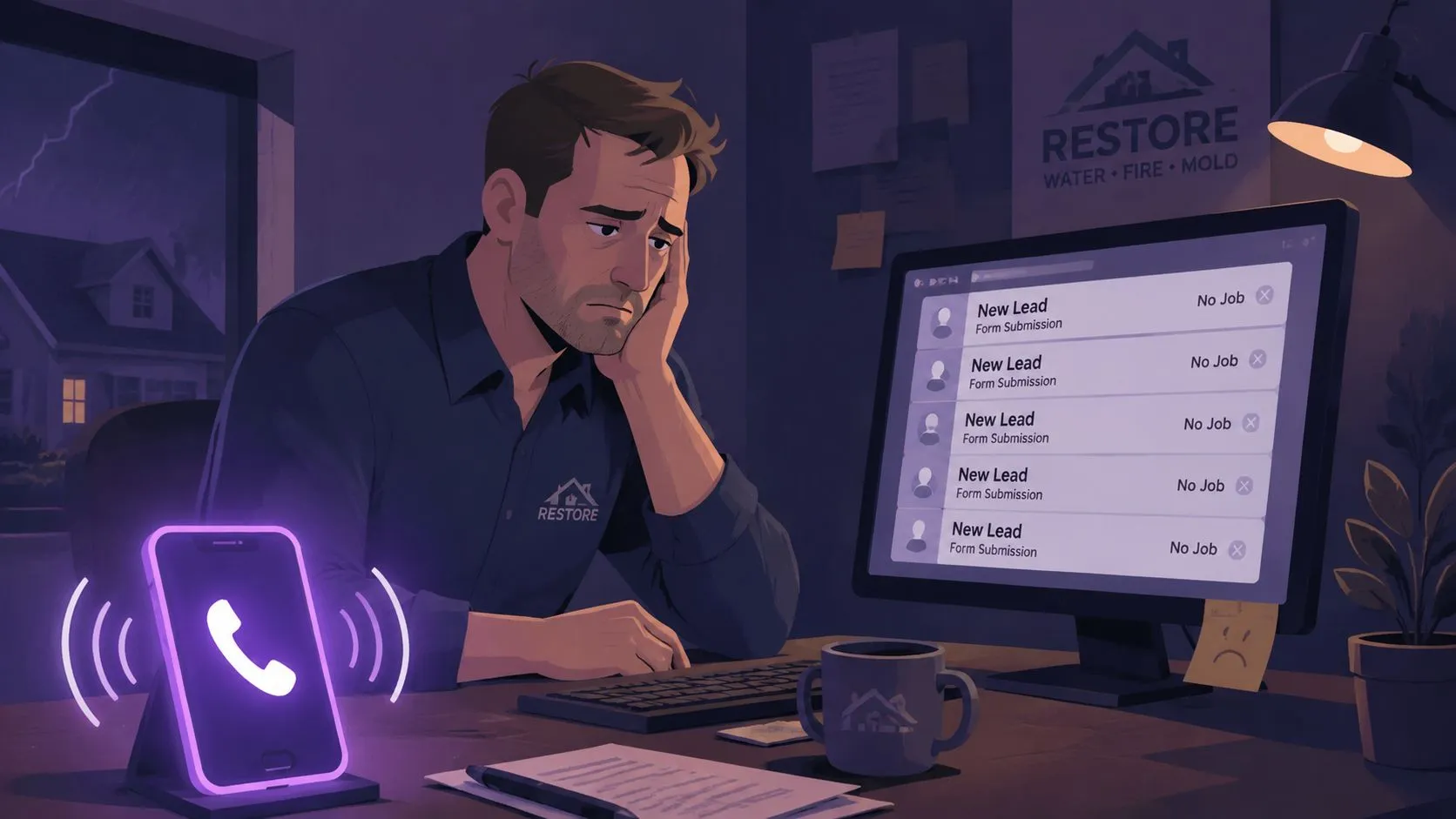A tired business owner sits at his desk looking at a computer screen showing multiple missed sales leads.