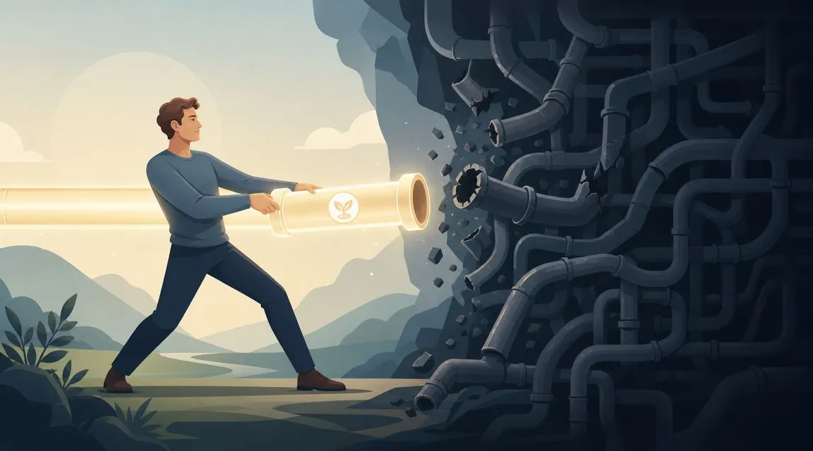 A man connecting a glowing, eco-friendly pipe into a complex, chaotic network of industrial pipes.