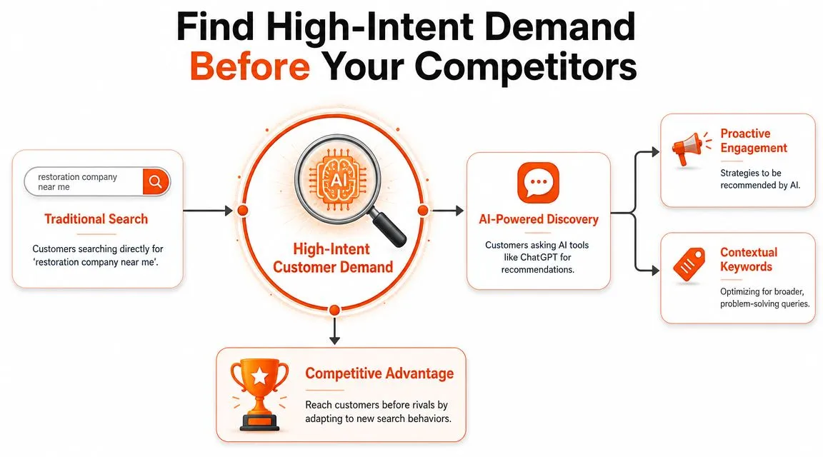 A diagram illustrating how businesses can find high-intent customer demand using AI-powered search strategies.