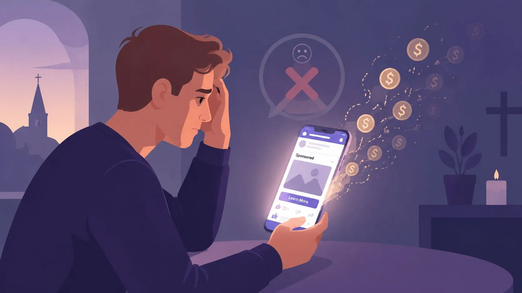 A worried young man looking at a mobile phone screen displaying sponsored social media advertisements with money.