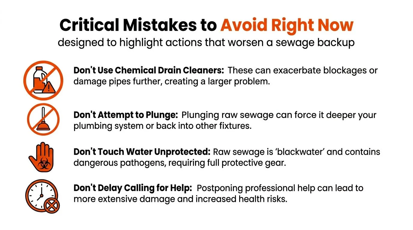 An infographic titled Critical Mistakes to Avoid Right Now, listing four dangers when managing a sewage backup.