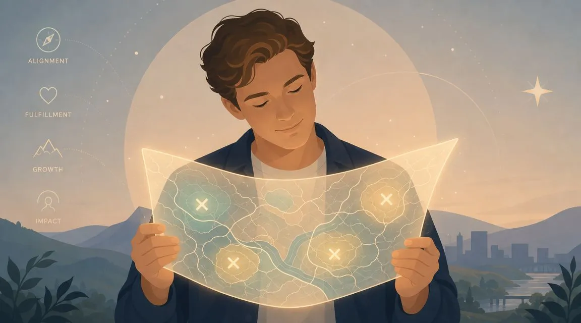 A young man looking thoughtfully at a glowing, illustrated map with markers, representing personal and professional growth.