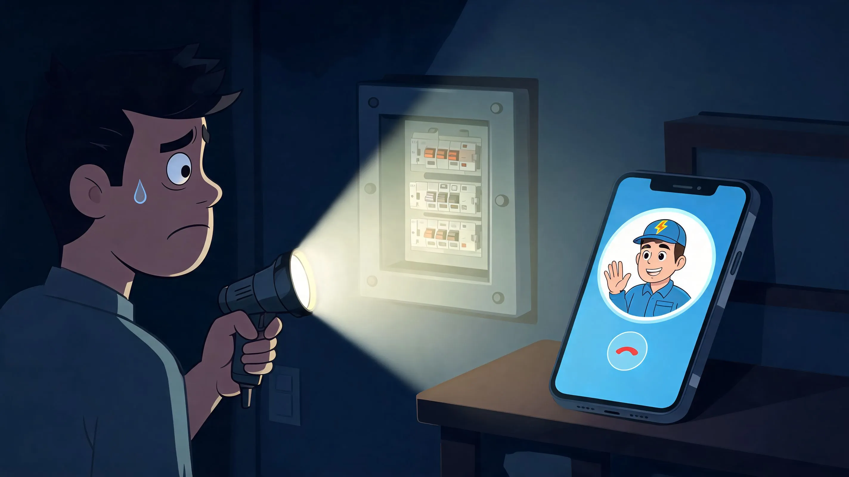 A concerned man using a flashlight to inspect his circuit breaker while video calling an electrician.