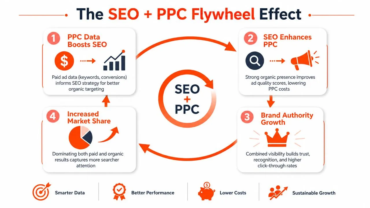 A diagram illustrating the SEO and PPC flywheel effect, showing how paid and organic strategies work together.