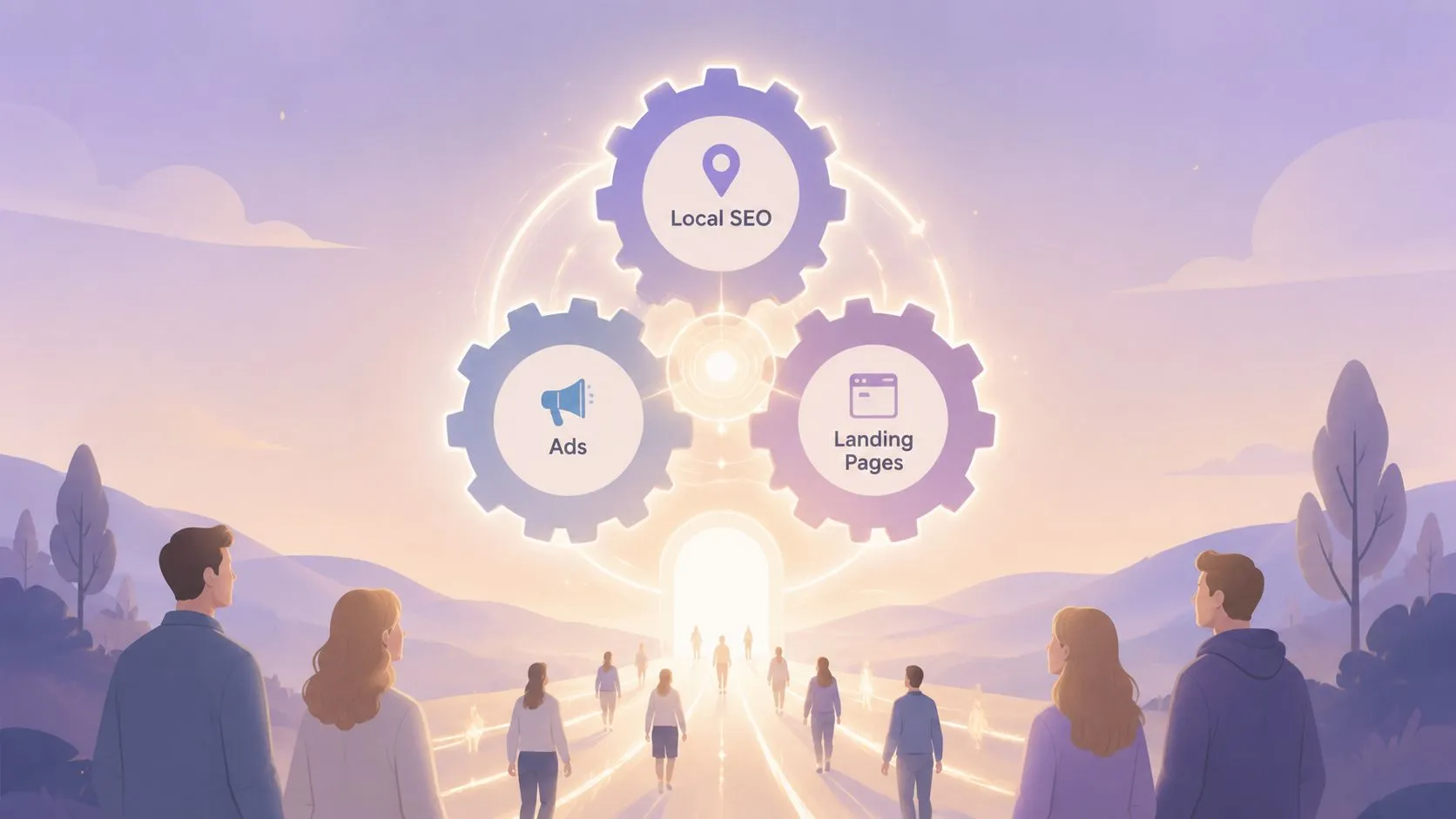 A conceptual illustration of people walking toward a digital gateway featuring icons for local SEO, ads, and landing pages.