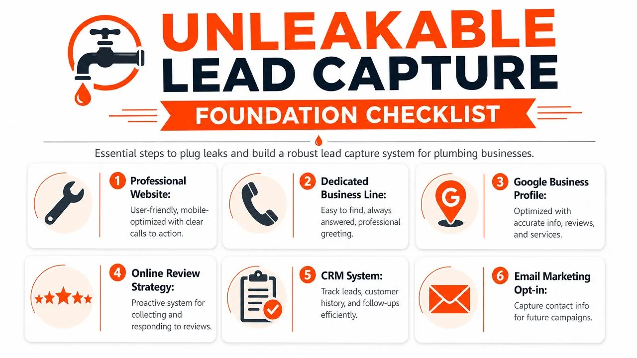 A checklist infographic outlining six essential steps for plumbing businesses to improve their lead generation and capture.