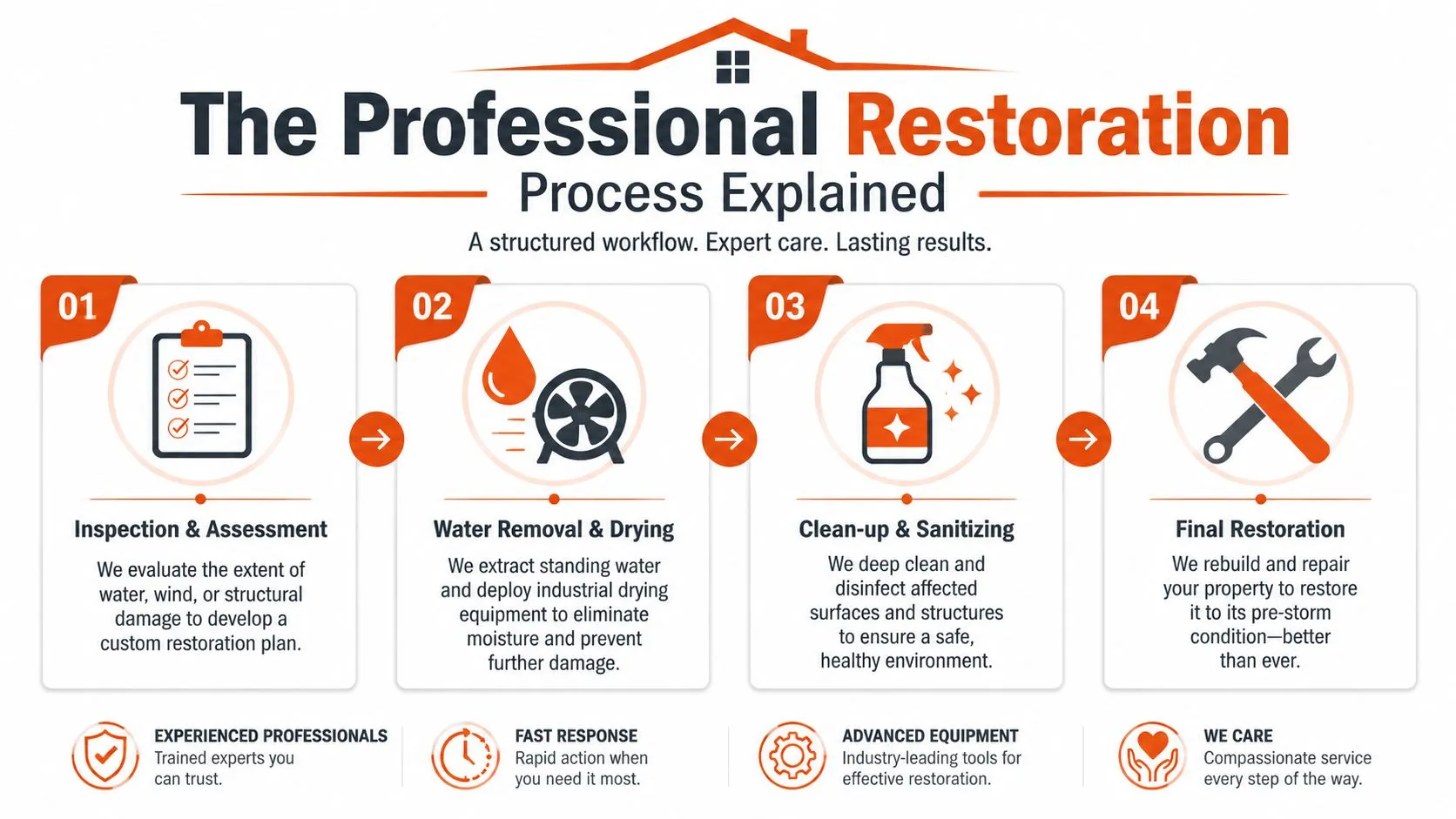 An infographic detailing the four-step storm damage restoration process including inspection, water removal, cleaning, and final repairs.