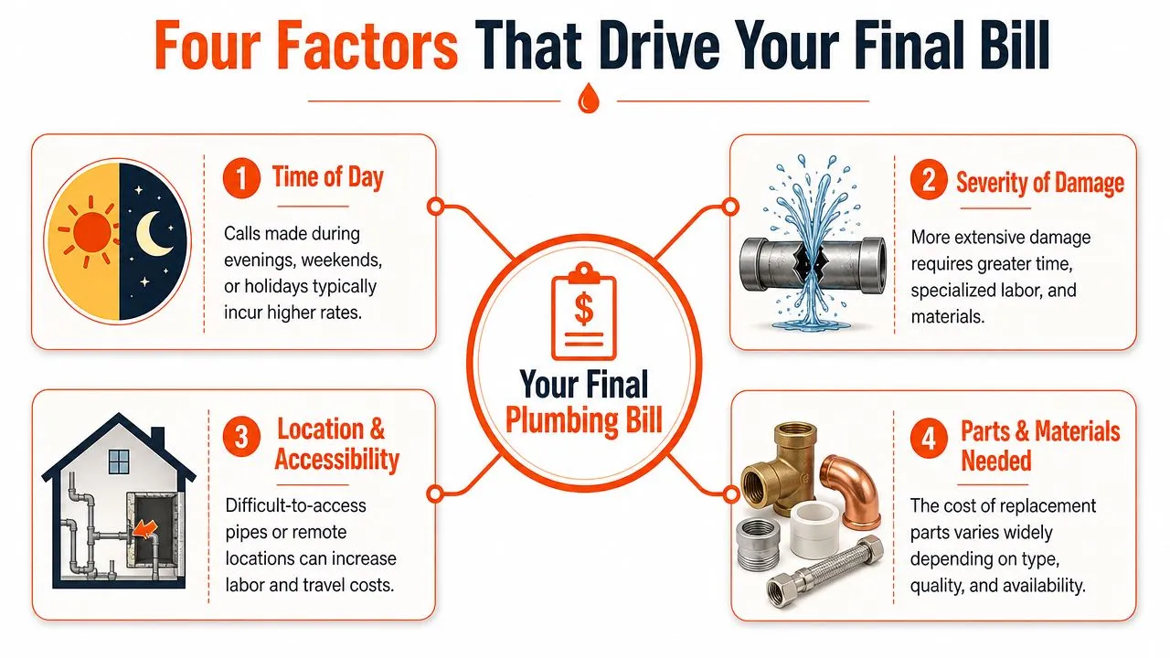 An infographic showing four key factors that influence the final cost of professional plumbing repair services.