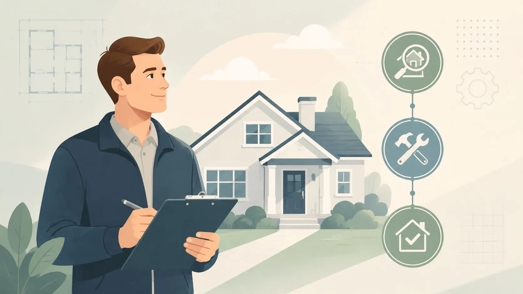 A professional inspector holding a clipboard stands in front of a house with maintenance icons nearby.