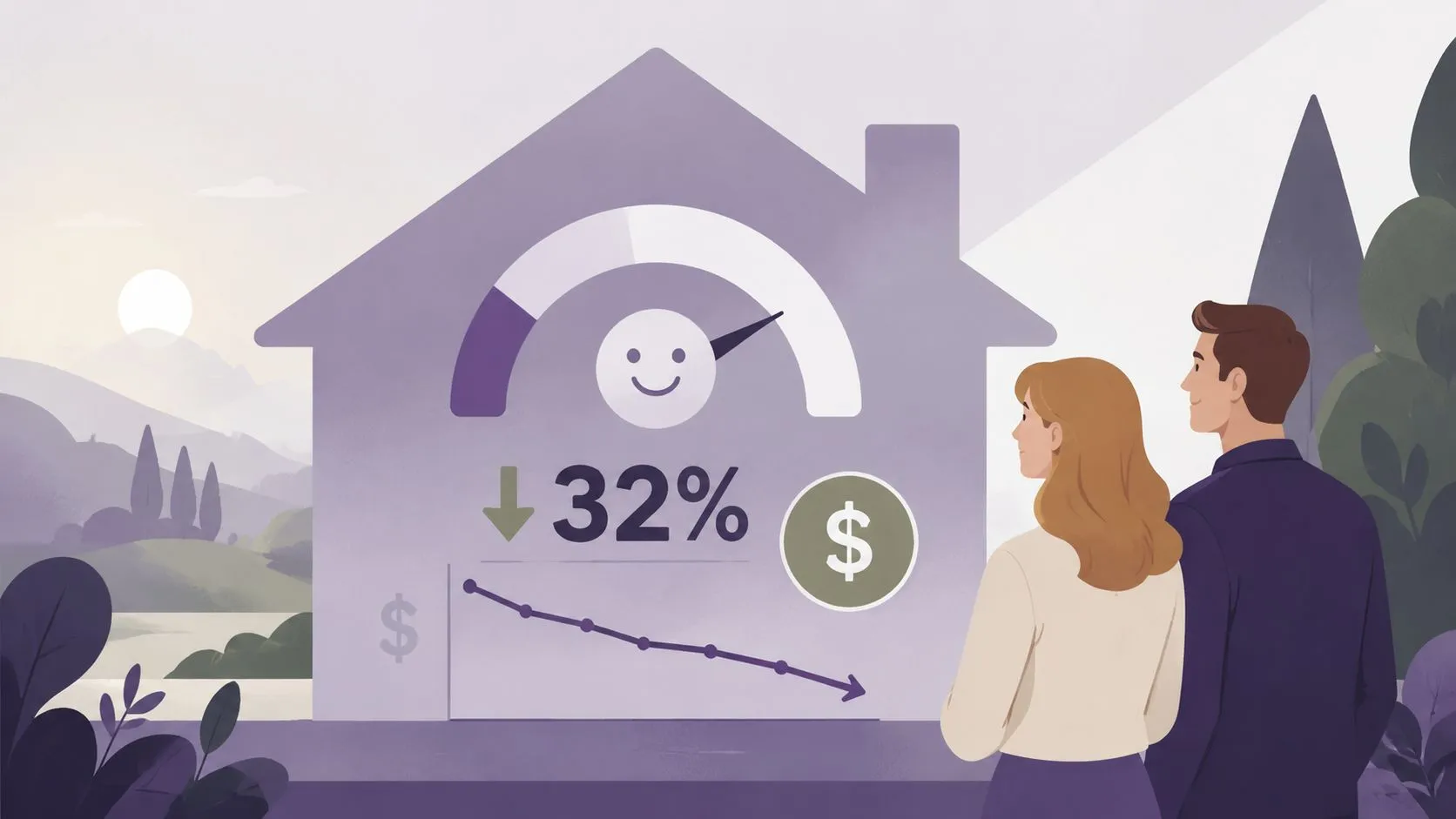 A couple looking at a house illustration featuring a 32% cost reduction graph and a gauge.
