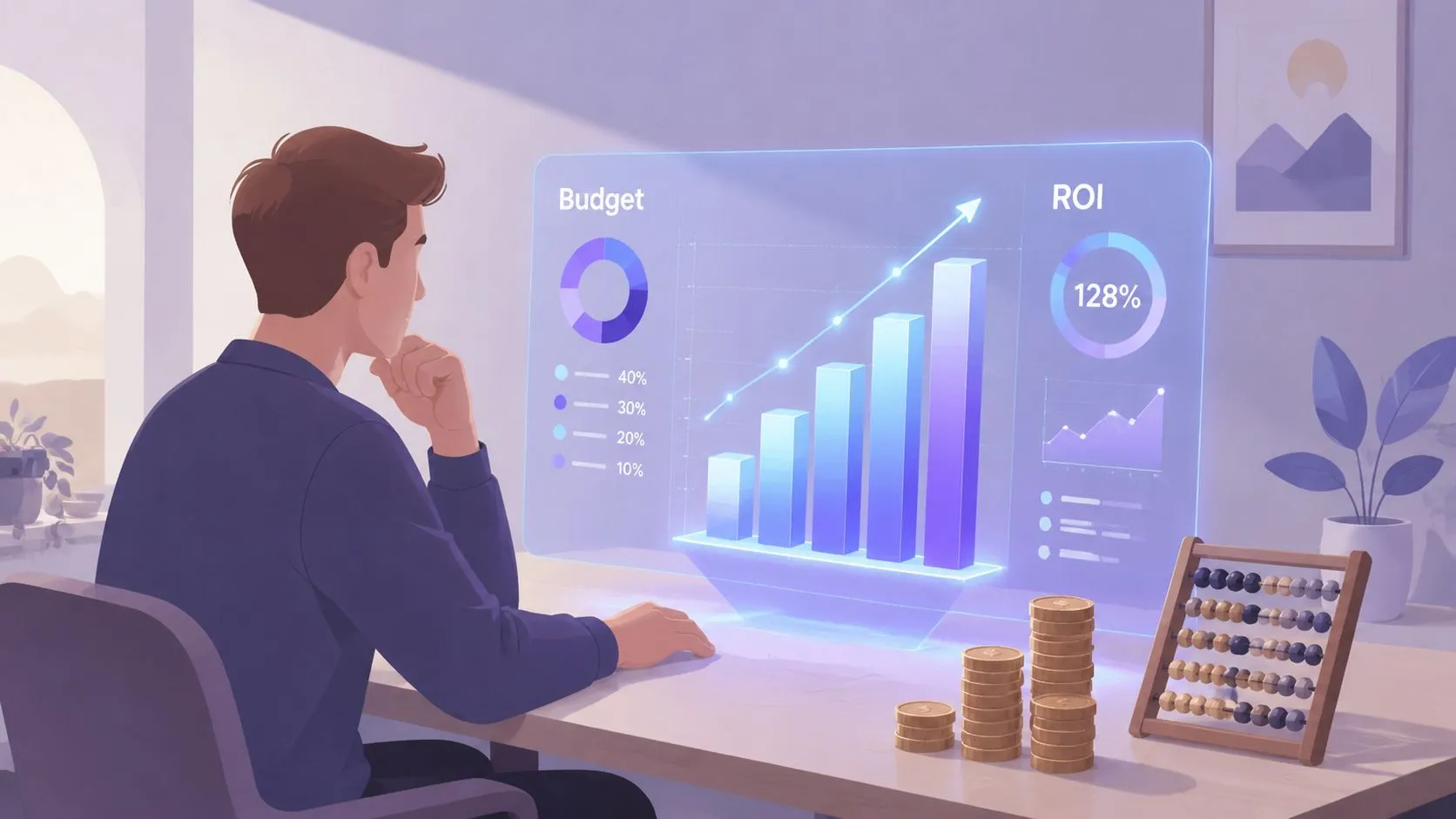A person analyzing financial charts and ROI statistics on a futuristic digital display screen at their desk.