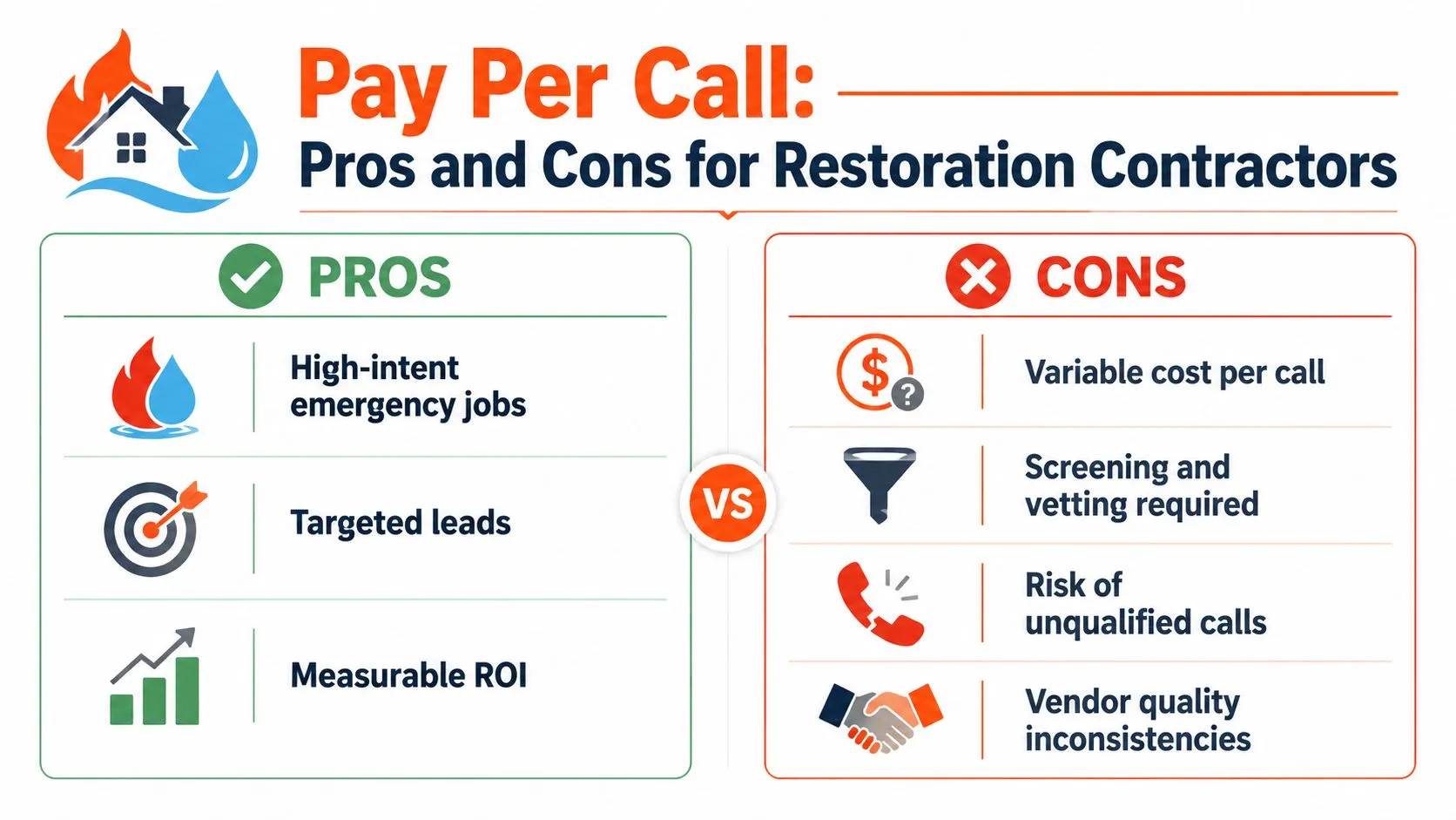 An infographic comparing the pros and cons of Pay Per Call marketing services for restoration contractors.