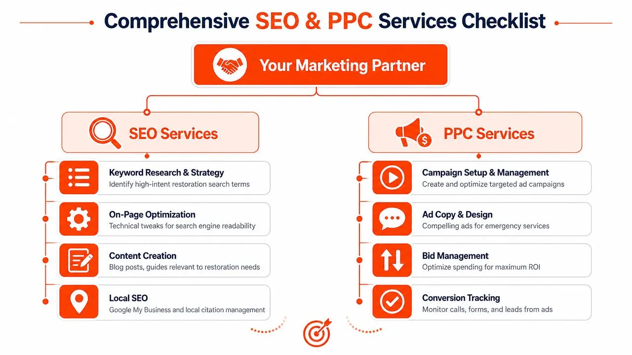 A structured flowchart outlining various services offered for digital marketing including search engine optimization and pay-per-click strategies.