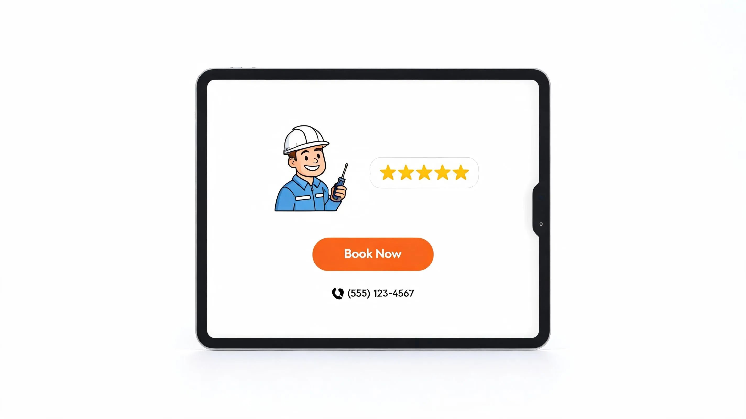 A digital tablet displaying a professional electrician illustration with a five-star rating and a book now button.