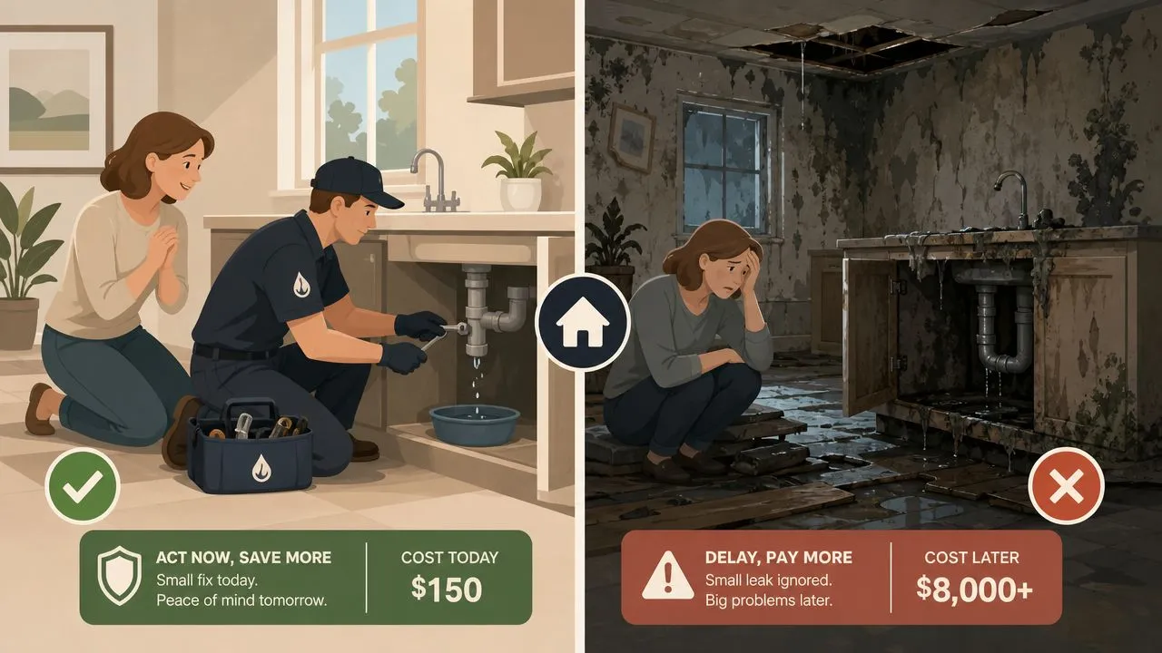 A comparison showing a plumber fixing a small leak versus the expensive damage caused by neglecting home repairs.