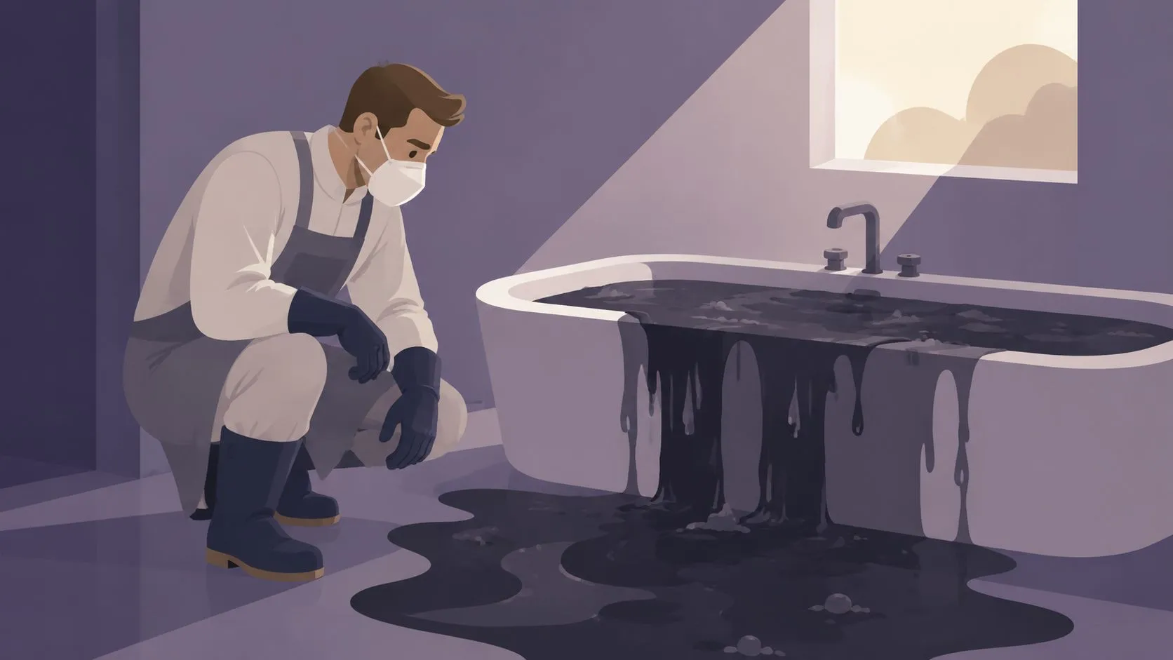 A person in protective gear kneeling beside a bathtub overflowing with dark sludge or sewage waste.