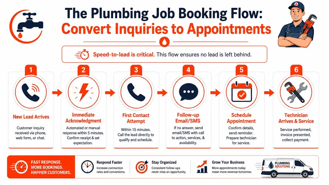 A diagram outlining a six-step workflow for plumbing companies to convert new customer leads into booked service appointments.