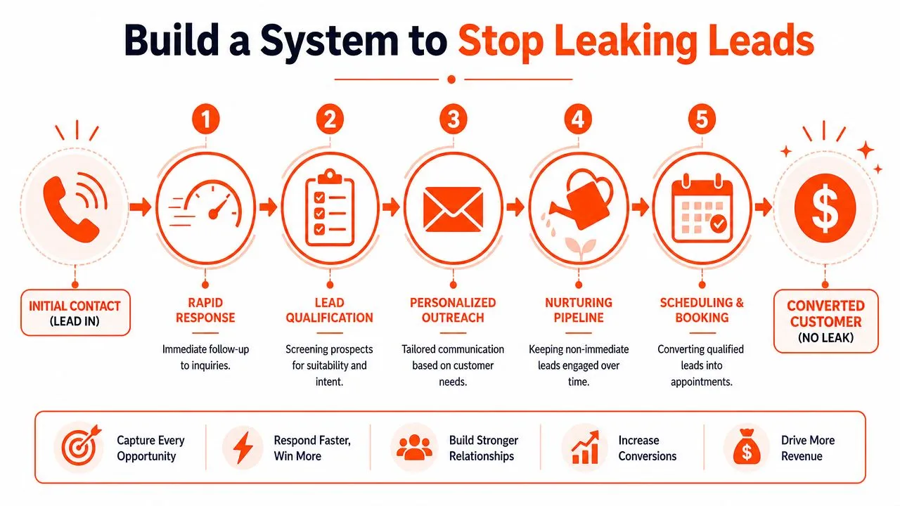 A five-step process diagram for building a lead management system to stop losing potential customers.