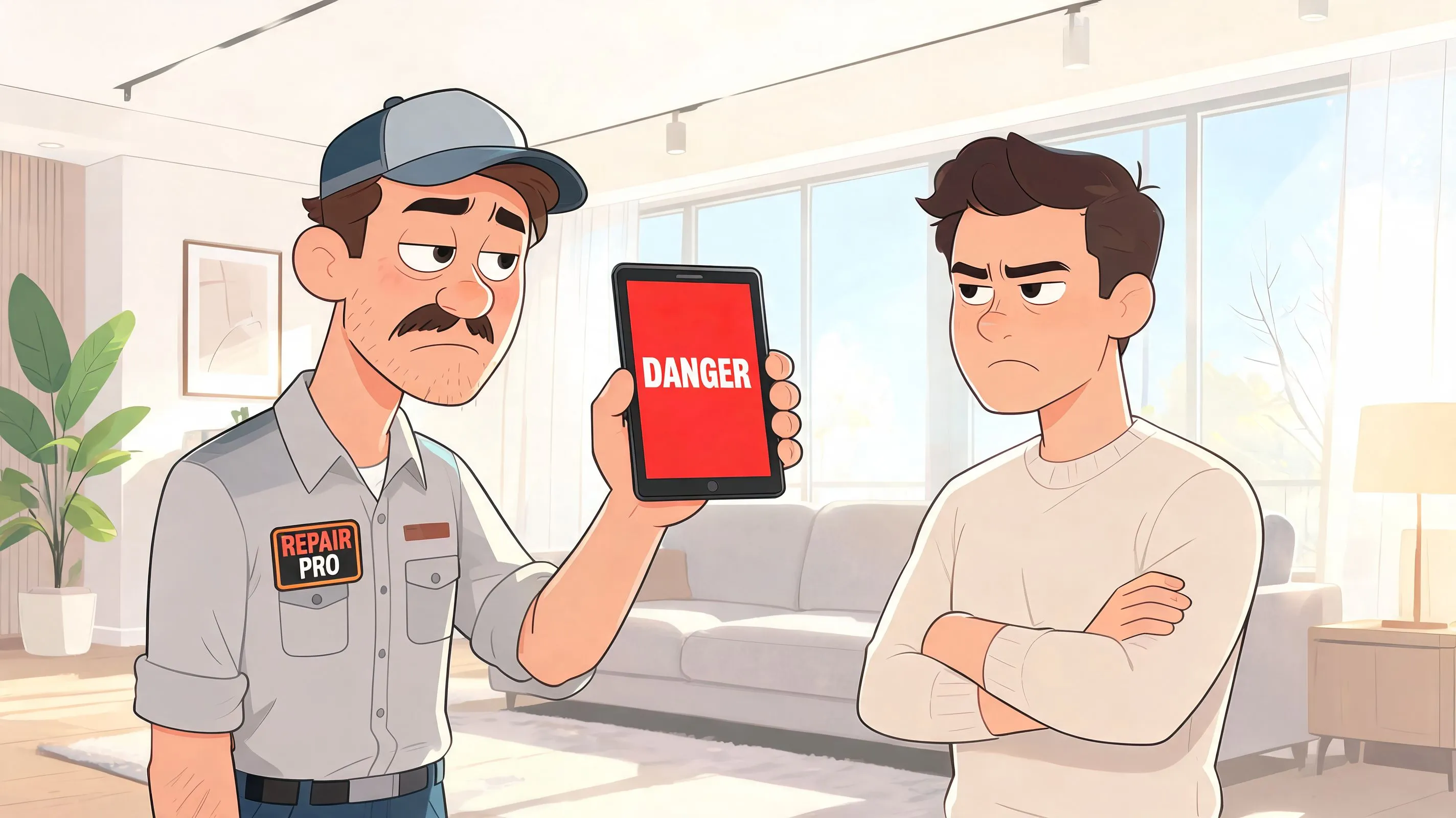 A professional repair technician showing a danger warning on a digital tablet to a concerned homeowner.