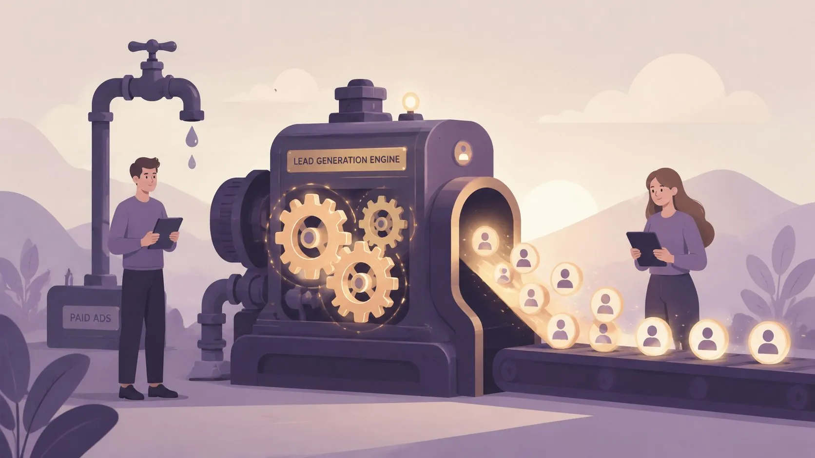 A digital illustration showing people operating a lead generation engine machine that produces leads on a conveyor belt.