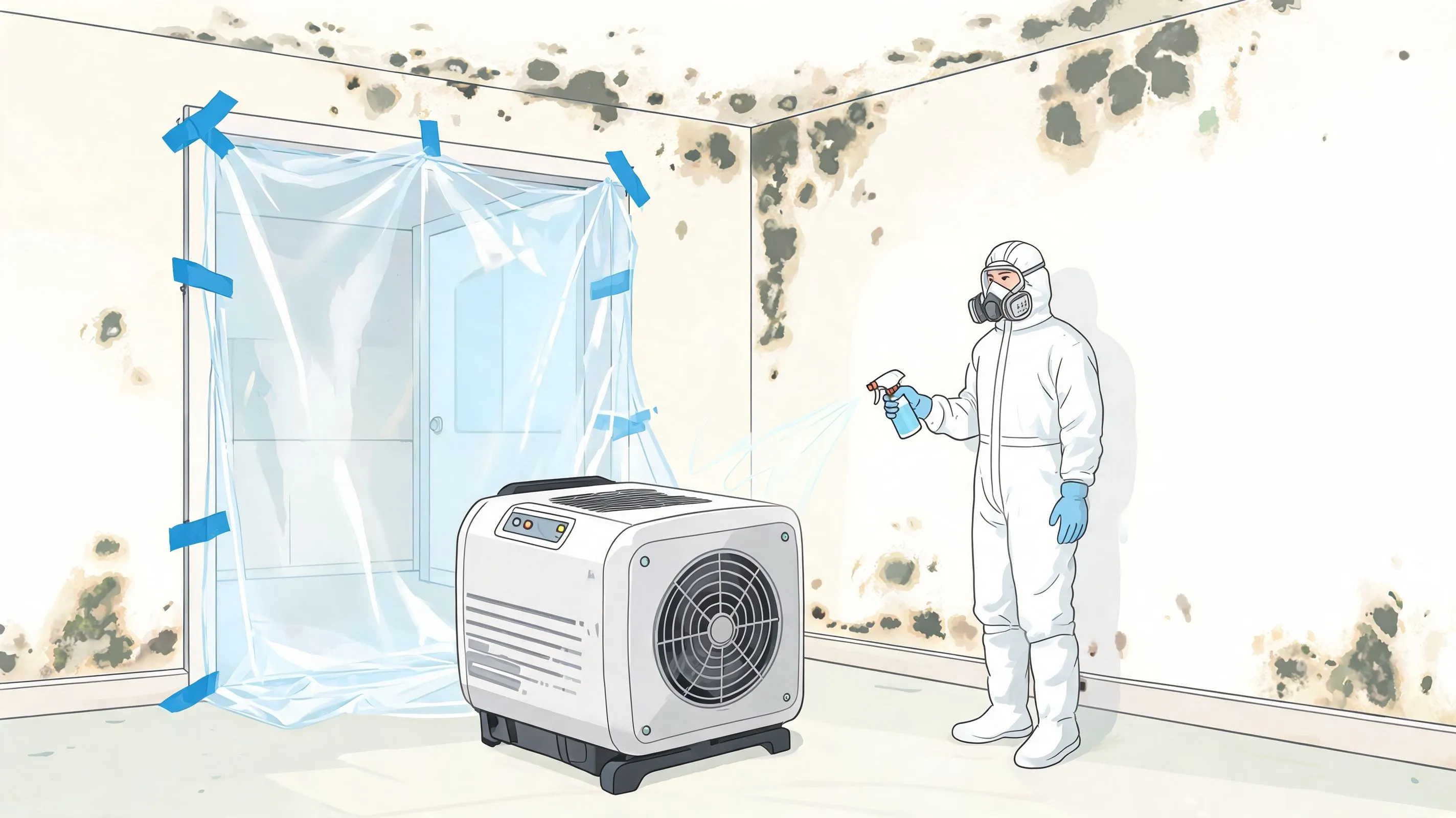 A professional in protective gear removing mold from a room with a dehumidifier and plastic sheeting.