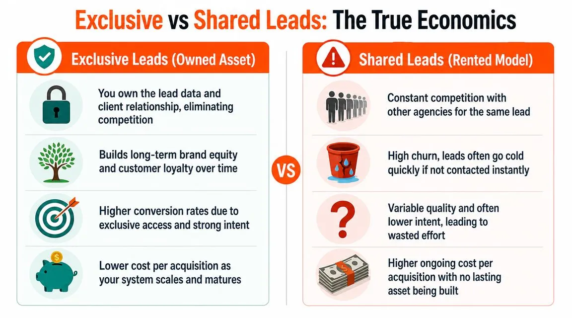 A comparison infographic showing the advantages of exclusive leads versus the disadvantages of shared leads for businesses.