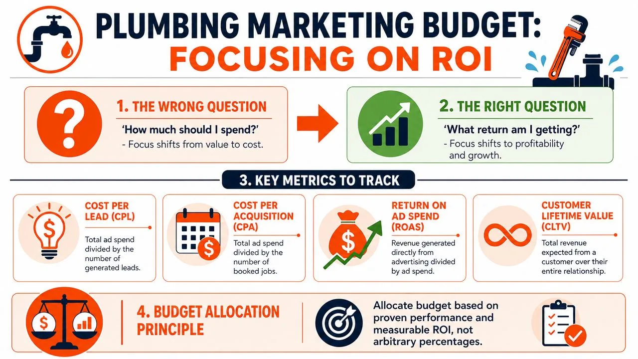 An infographic titled Plumbing Marketing Budget focusing on ROI with strategies for tracking metrics and budget allocation.