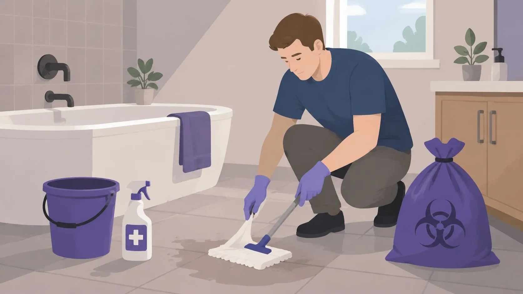 A professional cleaner wearing protective gear, cleaning up a sewage spill on a bathroom floor with a mop.