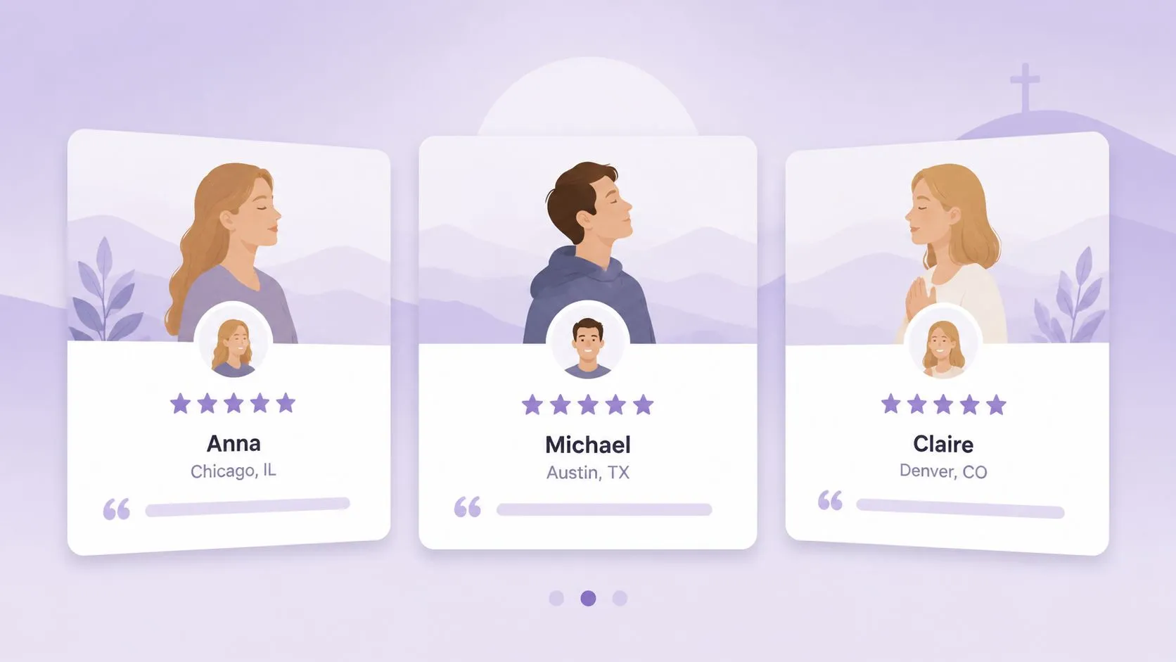 A testimonial slider template featuring three illustrated profiles of people with star ratings and locations.