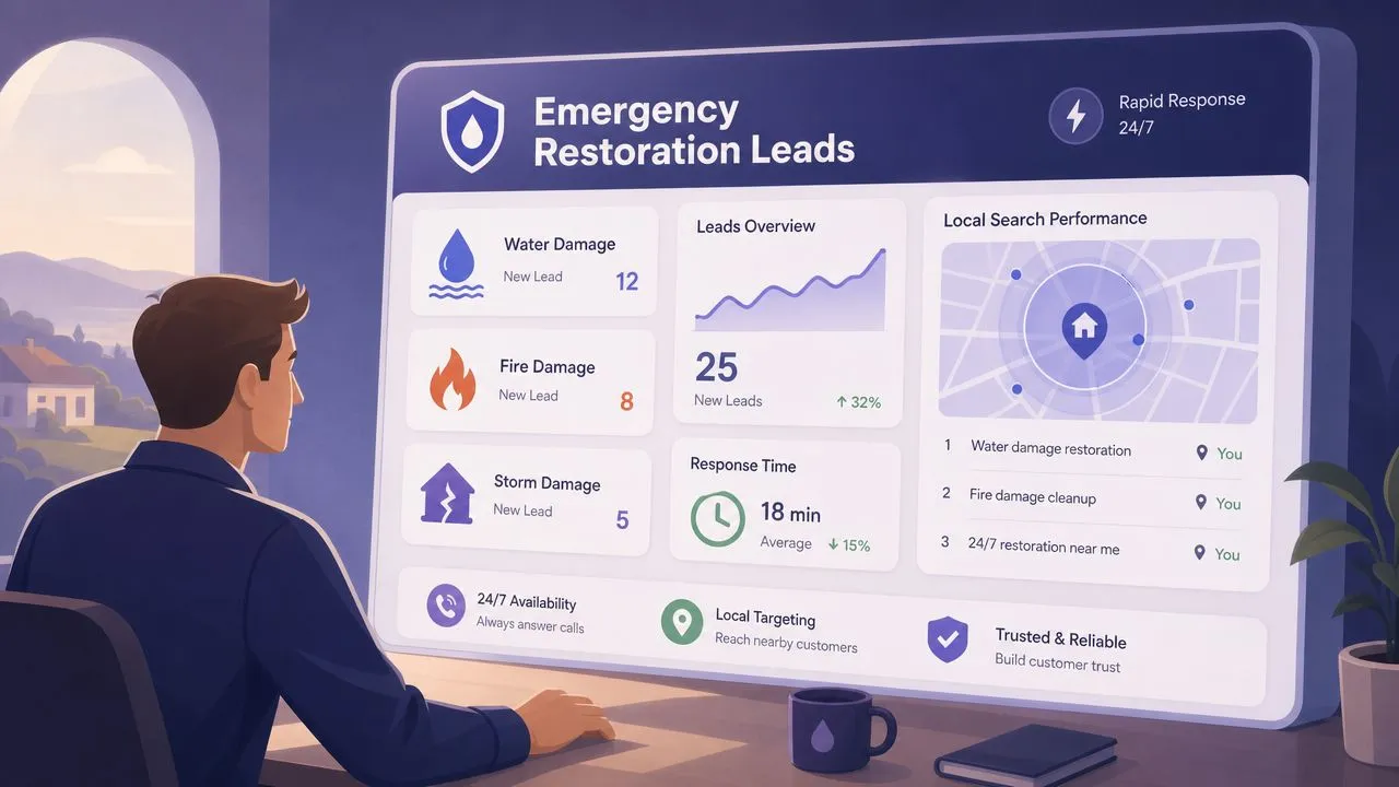 A professional analyzing an emergency restoration leads digital dashboard on a large office display screen.