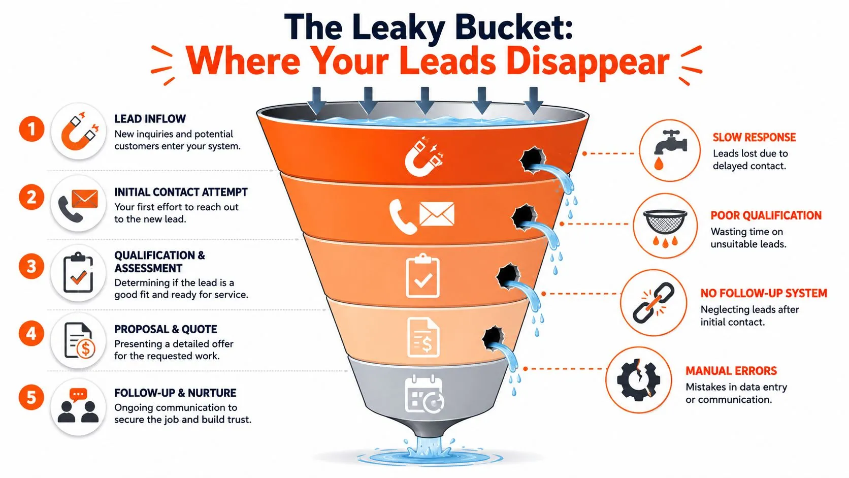 A funnel diagram illustrating the leaky bucket concept showing stages where contractor leads are typically lost.