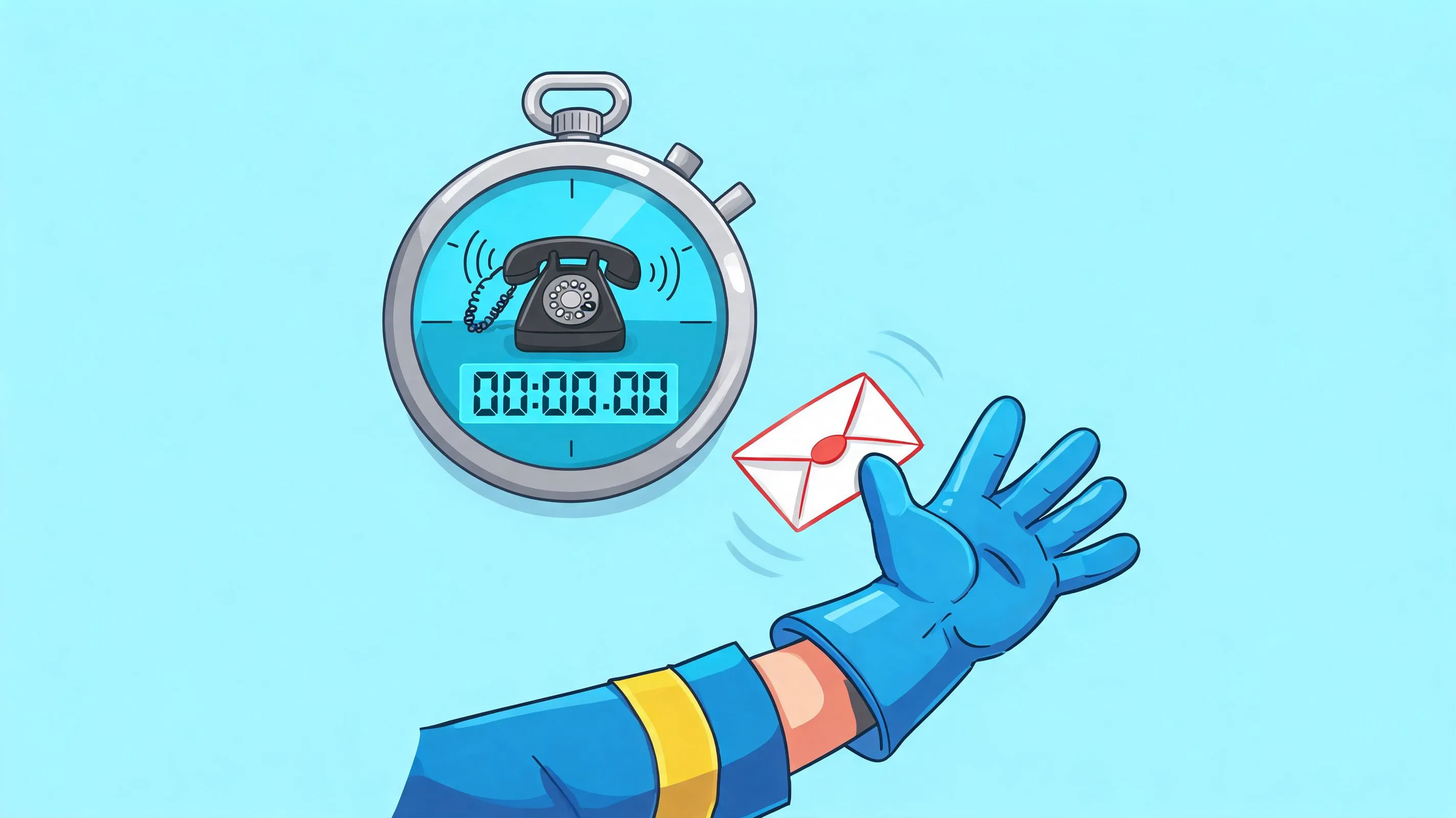 A gloved hand reaches for an envelope floating near a stopwatch depicting a ringing rotary telephone.
